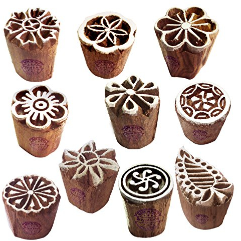 Mehndi Druck Stempel Elegant Klein Runden Blumen Entwürfe Holz Blöcke (Set von 10)