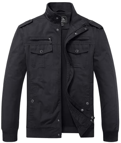 MAGCOMSEN Herren Military Jacke Leicht Übergangsjacke Winddichte Outdoorjacke Herbst Windjacke Baumwolle Fliegerjacke, Schwarz M