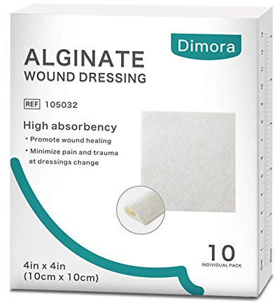 Dimora Calcium Alginate Wound Dressing, 4'' x 4'' Patches,10 Individual Sterile Pads, Soft and Highly Absorbent Dressing Gauze, Non-Stick Padding