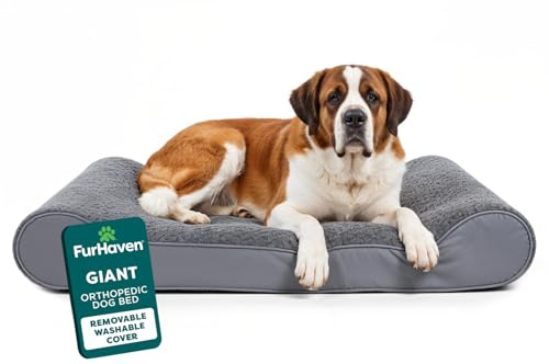 FurHaven Orthopedic Dog Bed for Extra Large Dogs w/Removable Washable Cover, For Dogs Up to 180 lbs - Ultra Plush Faux Fur & Suede Luxe Lounger Contour Mattress - Gray, Giant/XXXL