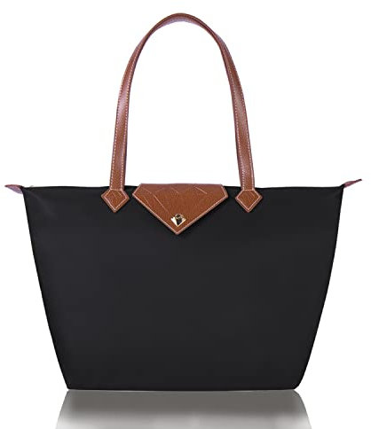 BOJLY Tote Bags for Women Stylish Waterproof Nylon Ladies Shoulder Bag Top Handle Handbag Folding Beach Travel Bag for Work,Shopping, School Black Large