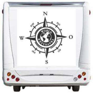 Adesivo a forma di bussola generica con scritta per camper, roulotte, camper, caravan, automobile, motivo: rosa del vento, con scritta (205/1) (nero lucido, 60 x 60 cm)