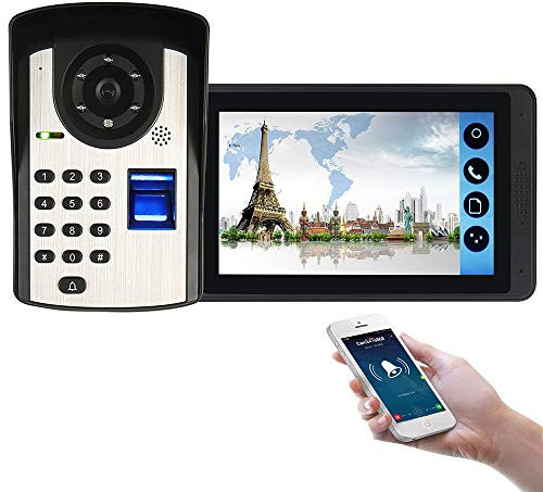 YLXD Sonnette de téléphone vidéo de 7 po, système d'interphone avec Mot de Passe à Empreinte Digitale sans Fil,caméra de Vision Nocturne câblée,d'application à Distance