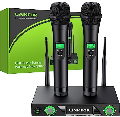 LiNKFOR Funkmikrofon UHF Kabelloses Mikrofonsystem mit Netzadapter Dual Kanal Handheld Mikrofone schnurlos dynamisches Mikrofon für Outdoor Hochzeit Konferenz Karaoke Abend Party Singen usw.