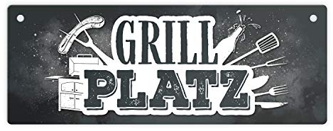Grillplatz Metallschild in grau Fleisch Wurst grillen Grill Bier Hobby Besteck