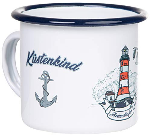 MUGSY Emaille Becher, Küstendesign mit Leuchtturm-Motiv, 300ml, bruchfest & leicht