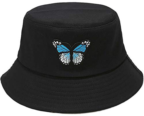 Malaxlx Schmetterling Bestickt Schwarz Damen Fischerhüte Sonnenhut Strandhut Fishermütze Sommerhut Draussenhut Faltbarer Anglerhut Fischerhut