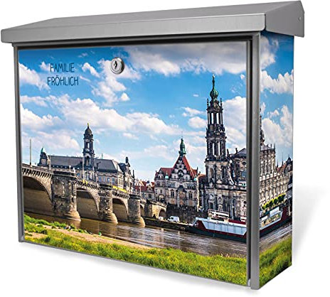 banjado® Burgwächter Briefkasten Edelstahl 38,5x31,5x12cm mit Motiv Elbflorenz/Briefkasten Edelstahl ohne Zeitungsfach/Briefkasten grau/Postkasten inkl. Montagematerial & 2 Schlüsseln