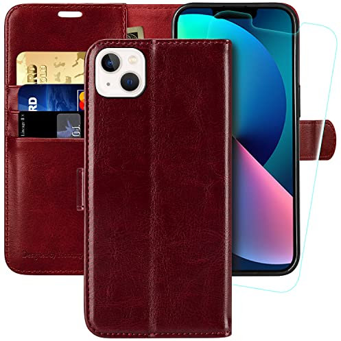 MONASAY Wallet Case for iPhone 13 Mini 5G,5.4-inch[Glass Screen Protector Included] [RFID Blocking] Flip Folio Leather Cell Phone Cover with Credit Card Holder,Burgundy