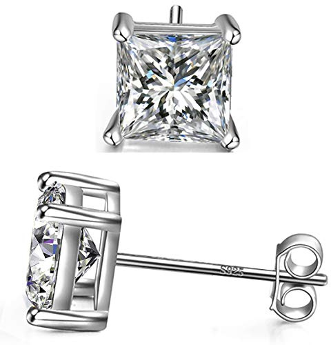 Boucles D'oreilles à Tige Carrées en Argent Sterling 925 Avec Oxyde de Zirconium Taille Princesse Pour Femmes, Hommes et Filles Avec Plaqué or 18 carats