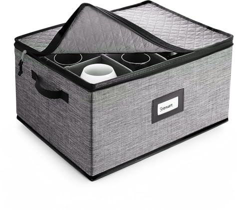 Hearth & Harbor Wine Glass Storage Box with Dividers, Quilted and Stackable Stemware Storage Cases, Service of 12 Glass China Container Hard Shell for Moving and Organization, Grey