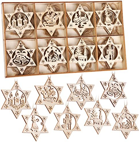 BRUBAKER 24-TLG. Weihnachtsanhänger Set - Baumschmuck aus Holz 6 cm - Sterne mit Glocken Kerzen und Nussknacker - Dekohänger Weihnachten - Holzanhänger Weihnachtsbaum - Christbaumschmuck