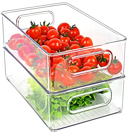 Herrfilk Kühlschrank Organizer 2er Set, Durchsichtig Stapelbare Aufbewahrungsbox mit Griff, Tidy Fridge Organizer Set, Kühlschrankbox Set für Küchen, Küchenschrank, Schränke -BPA Frei, Mittel