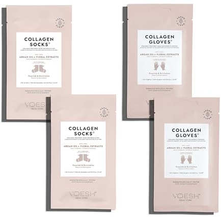 Voesh Collagen Gloves and Socks- Argan Oil, Collagen Infused, 4 Pack, 2 Pack of Gloves, 2 Pack of Socks, At Home Spa, Body Care, Nourishing, K-Beauty Hydrating Korean Skincare