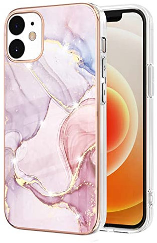 Knoowcase for iPhone 12 Case Marble Silicone Phone Case for iPhone 12 Pro Shockproof Glitter Plated Gold Edges Protective Flexible TPU Rubber Skin Bumper Cover Girls Women, Rose Gold