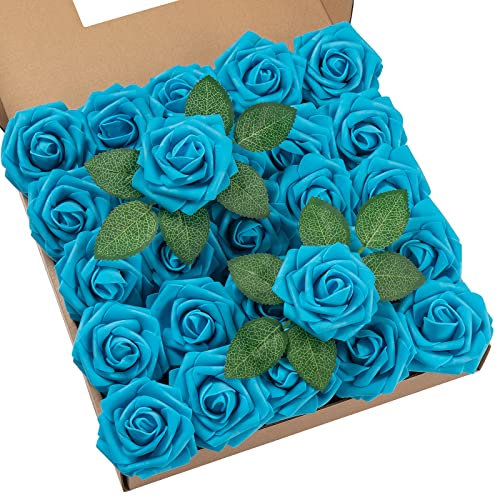 DuHouse Lot de 25 Roses artificielles avec tiges - Fleurs en Mousse au Toucher réel pour Bouquet de Mariage, fête prénatale, Centre de Table, Arrangement Floral, décoration d'intérieur (Bleu Moyen)