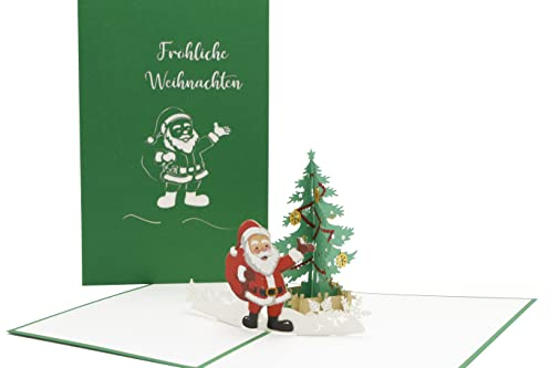 design3dkarten® Weihnachtsmann, Nikolaus mit Tannenbaum, Fröhliche Weihnachten, 3D-karte, klappkarte, Pop Up Karte