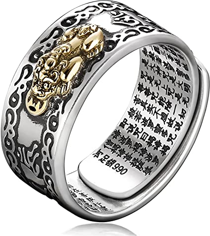 Feng Shui PiXiu Mantra Ring,Kucheed Silberne Buddhistische Glücks Fingerringe,MANI Amulett Mantra Schmuck,Doppelter Schutz Reichtum Liebe Gesundheit Band,Jahrgang Verstellbare Ringe Geschenk (A)