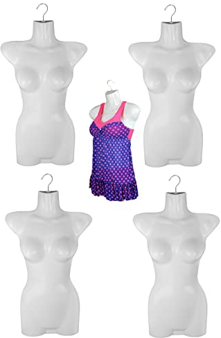 5er Set Torso Weiblich - 70 cm Damentorso aus Kunststoff - Oberkörper Halbplastik in Farbe weiß - Mannequin Büste - Halbschale Damenbody - Büstenform - Schaufensterpuppe mit Haken - 5 Stück Modepuppe