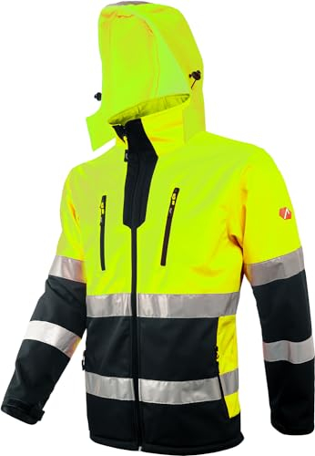 ACE Neon Warnschutz-Jacke - starke Softshell-Warnjacke inkl. Reflektoren und abnehmbarer Kapuze - EN ISO 20471 - Gelb - 4XL