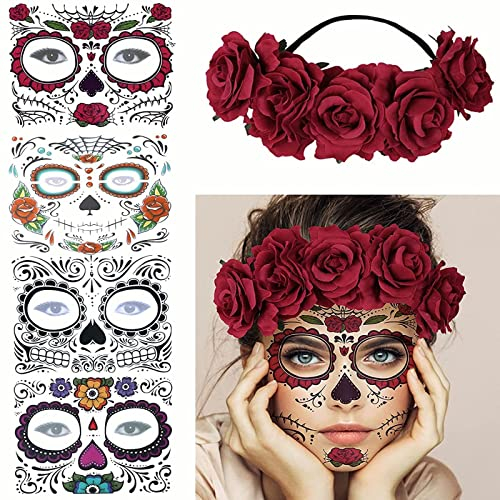 Halloween Karneval Tag der Toten Rose Kopfschmuck mit Temporären Gesichts Tattoo Totenkopf,Dia de Los Muertos Kostüm Damen,Tag der Toten Halloween Fasching Accessoires Damen