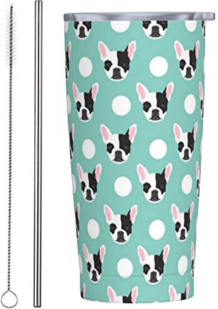 LOUJIN 20oz/550ml Stainless Steel Insulated Travel Coffee Cup, Red Mushrooms Travel Mug with Leakproof Lid, Straw and Straw Brush-Cute French Bulldog