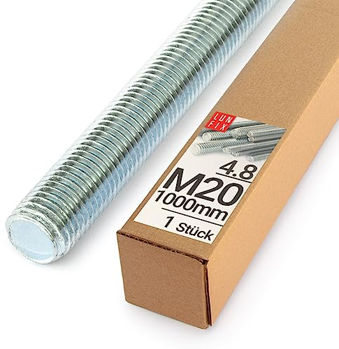 Lun Fix Tige filetée | M20 x 1000 mm | Acier haute résistance 4.8 | DIN 976 | Filetage métrique | Goujon fileté M20 | Vis longue | Fixation industrielle | Montage métal