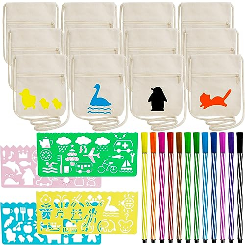 12 Stück Stoffbeutel zum Bemalen für Kinder,17×13cm Kinder Umhängegeldbeutel,Brustbeutel Kinder Bemalen mit 4 Malerei Vorlage und 12 Farbe Buntstifte