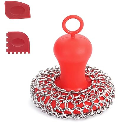 Pitxsgsia - Purificador de cota de malla de hierro fundido + rascador de cacerola, limpiador de estufa de acero inoxidable, herramienta de raspador para ollas de hierro fundido rojo