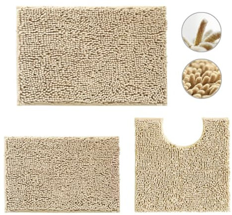 MEGAROOM Non Slip Chenille Bath Mat Set - Bathroom Mat Set with U-Shaped Toilet Mat - Soft and Anti Mould Bath Mat Set 3 Pieces for Safety and Comfort, Water Absorbent and Quick Drying(Beige)