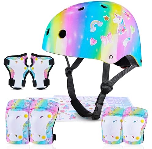 MHJY Casco Bicicleta Niño con Pegatinas DIY para Niñas Casco de Bici Edad 3-8 Años Rodilleras y Coderas de Unicornio Equipo de Protección Ajustable para Ciclismo, Skate, Patinete, Patines
