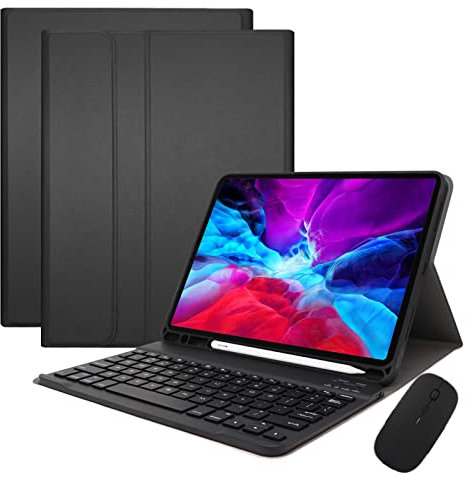 Étui Clavier avec Souris pour iPad 9.7 6ème/5ème Génération-2018/2017, iPad Air 2/1, iPad Pro 9.7, Coque avec Fente pour Stylo, QWERTY Clavier Bluetooth sans Fil Amovible Rechargable, Noir