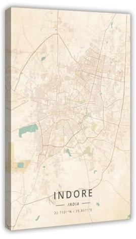 Indore India City Maps Vintage-Leinwand-Poster, Wandkunst, Dekordruck, Bild Gemälde für Wohnzimmer, Schlafzimmer, Dekoration, Rahmen: 30 x 45 cm