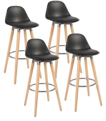 Box and beyond Lot de 4 Tabouret de Bar en Bois, Chaise Haute pour Bar, Chaise de Cuisine - Hauteur 91 cm - Tabouret Noir avec Repose-Pieds