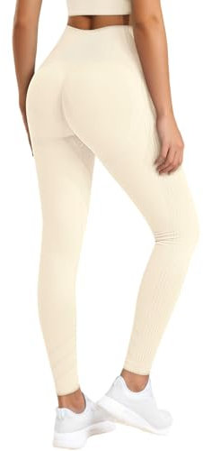 Zhiaek Sport Leggings Damen Booty Scrunch Push Up Blickdicht Sportleggins Lang Nahtlose Gym Leggings High Waist Seamless Yoga Hosen Sporthose Beige S