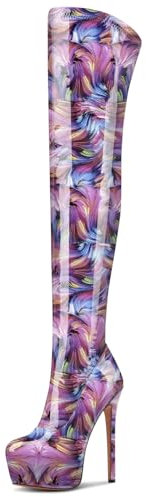NobleOnly Donna Alto High Spillo Tacco Heel Rotonda Punta Piattaforma Sopra il Ginocchio Stivali Cerniera Ballo Feste Stivali 15 CM Heels Vortice Viola 42 EU