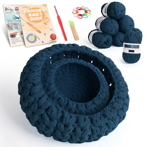 Aeeque Korb Häkeln Set, Textilgarn zum Häkeln für Körbe, Häkelset für Anfänger mit Anleitung zum Häkelkorb, DIY Häkeln Schalen Set, Starter Häkel Set Lernen (Cowboyblau)