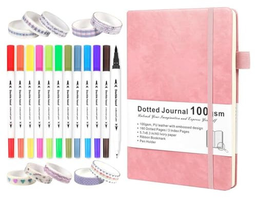 Qerwsdty Dotted Journal Kit Dual Tip Brush Markers, Washi Tape und Schablonen für Frauen, Männer und Teenager, Pink