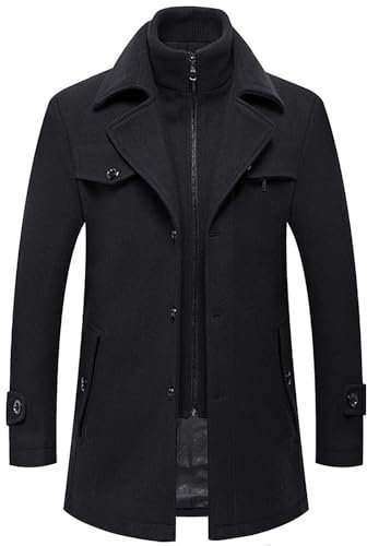 SRZYMJ Schwarz Herren Mantel Wolle Lang Herbst Wollmantel Slim Fit Wintermantel Business Trenchcoat Freizeit Mäntel Stehkragen Übergangsmantel Bequeme Herrenmantel Winter Herbstmantel Trenchcoat XXL