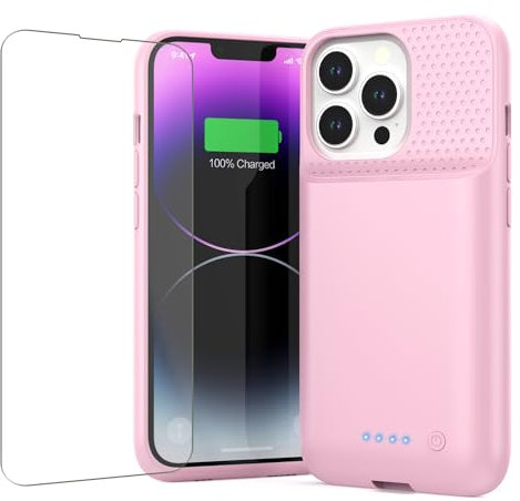 QTshine Battery Case for iPhone 13/13 Pro/14,[2025 Upgraded] 7500 mAh Ultra-Slim Portable Extended Charger Cover for iPhone 13/13 Pro/14 Charging Case (6.1 Inch)-Pink