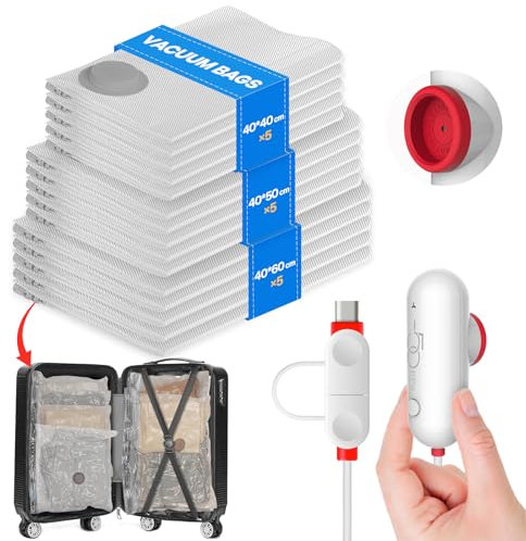 Vacbird Vakuumbeutel für Kleidung mit USB Elektropumpe, 15 Stück Kleidersack (5x 40*40cm / 5x 40*50cm / 5x 40*60cm ) Wiederverwendbar Vakuumierbeutel reise, Kleiderbeutel Rucksack, Travel Essentials