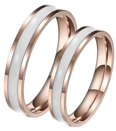 Calefee Eheringe Edelstahl Paarpreis, Ringe Partnerringe mit Gravur 4 mm Roségold Ring mit Weißem Email, Modeschmuck