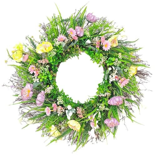 XUEYEGONGJI Frühlingskränze für die Haustür 22 '' Wildblumenkranz Künstlicher Kranz mit lebendigen Blumen und grünen Blättern Blumenkranz für Bauernhaus Frühlingsdekorationen Stil 2