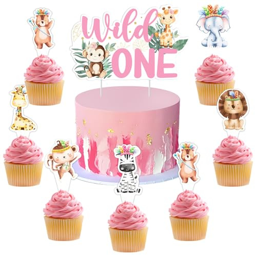 kreat4joy Wild One 1. Geburtstag Dekorationen für Mädchen, Wild One Birthday Cake Topper 24 Stück Dschungel Safari Tier Cupcake Topper für ein Jahr alte Mädchen Rosa Safari erster Geburtstag Party