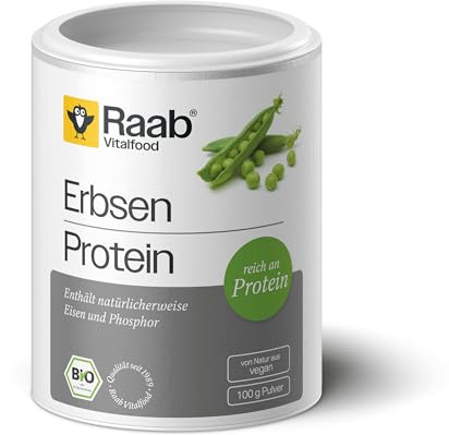Raab Vitalfood® Erbsen Protein Pulver Bio (100 g) - 80% pflanzliches Protein, vegane Proteinquelle, reich an Eisen, enthält natürlicherweise Phosphor und alle 8 essentiellen Aminosäuren