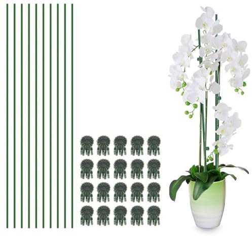 Plant Stakes,10 Pcs Plant Sticks with 20 Plant Clips, Green Iron Plant Support Stakes, Bendable Plant Supports for Indoor Plants,Plant Support Sticks for Climbing Plants Peonies Orchid (40CM Long)