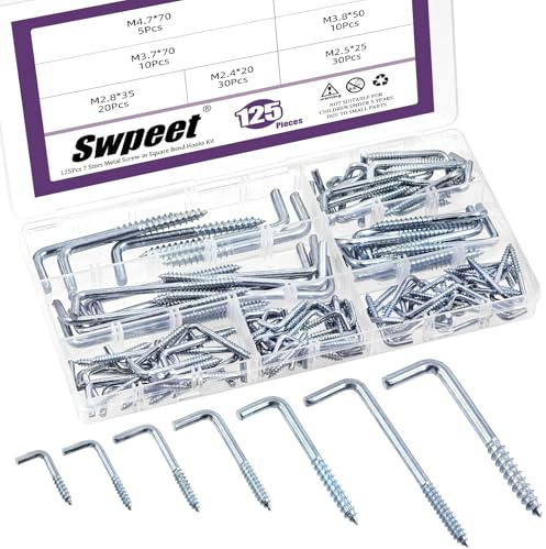 Swpeet Kit di 125 ganci quadrati a vite in metallo blu e bianco, 7 misure, ganci quadrati piegati a L, viti autofilettanti a forma di L, gancio ad angolo retto per casa, posto di lavoro, ufficio