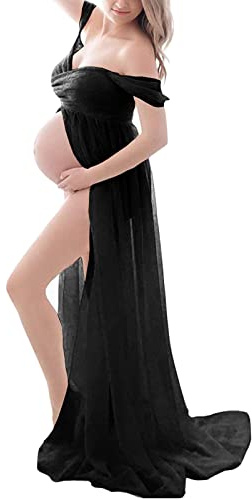 Foweknow Robe de maternité pour femme enceinte, séance photo, épaules dénudées, robe de grossesse, couleur unie, robe de maternité, robe de mariée, robe de soirée élégante