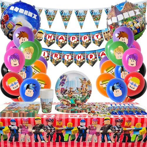 115pcs Roblox Birthday Decorations, Roblox Cake Topper, Driflo Gamer Party Decorations, Party Tableware Set, With Balloons, Tablecloth, Plates, Cups, Napkins, Stickers, for Birthday Gift