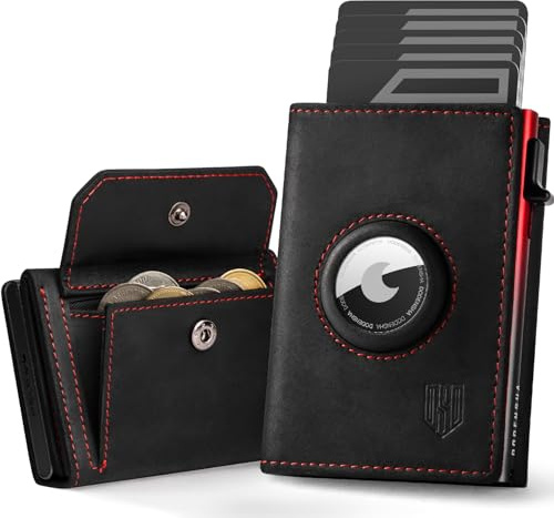 DODENSHA® Airtag 2 Wallet Herren mit XL Münzfach I MagSnap Kartenetui Herren I Smart Wallet für 10+ Karten I Geldbörse mit RFID Schutz I Portmonee mit AirTag* Fach I SchwarzRot